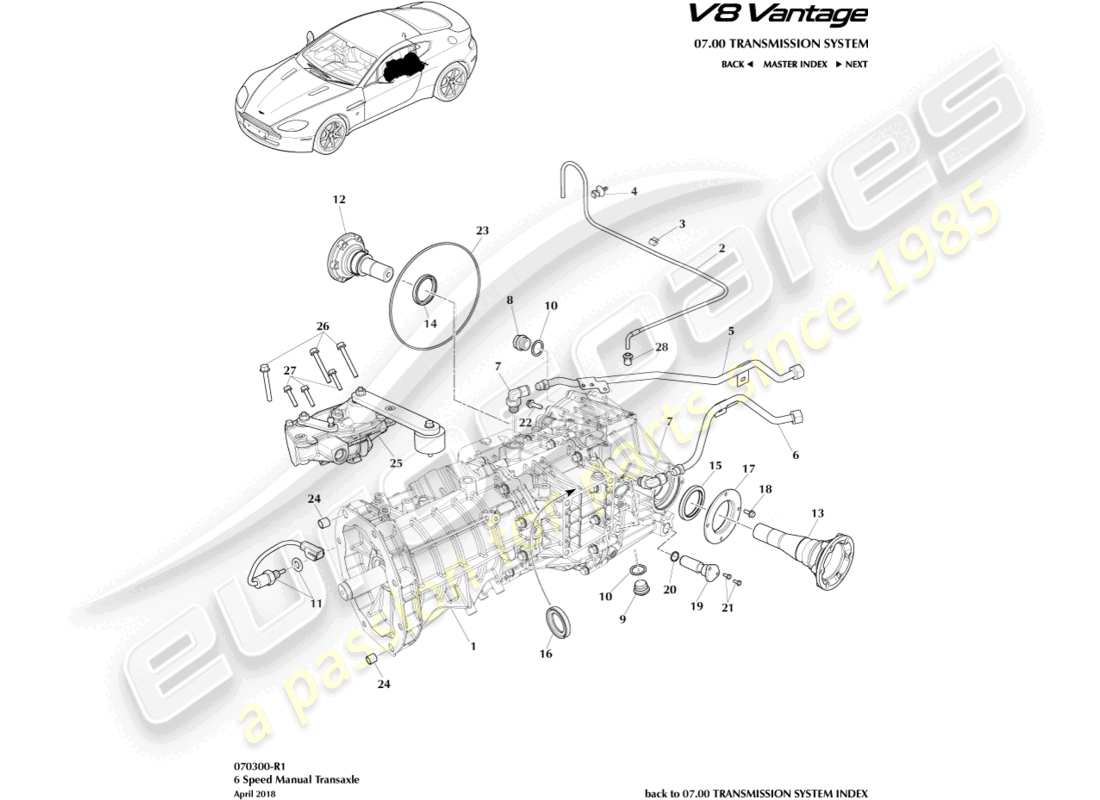 aston martin v8 vantage (2016) transaxle, manual, 6 spd part diagram