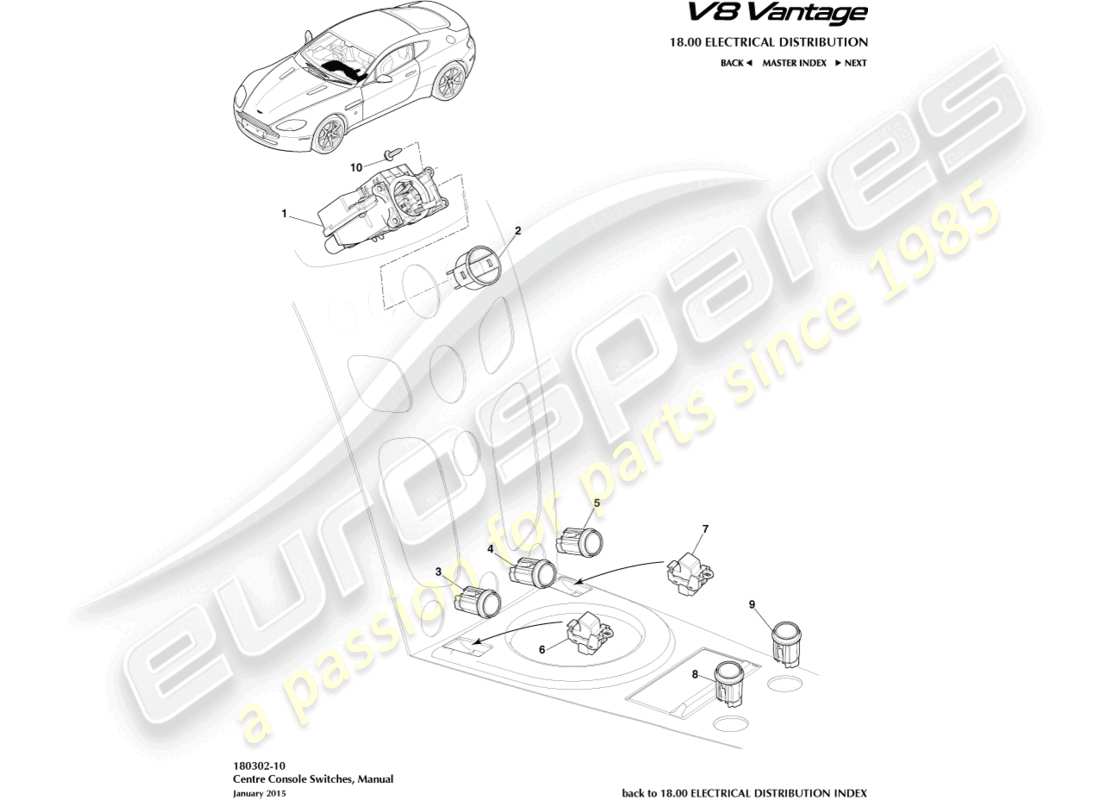 aston martin v8 vantage (2008) centre stack switches, manual, 16my part diagram