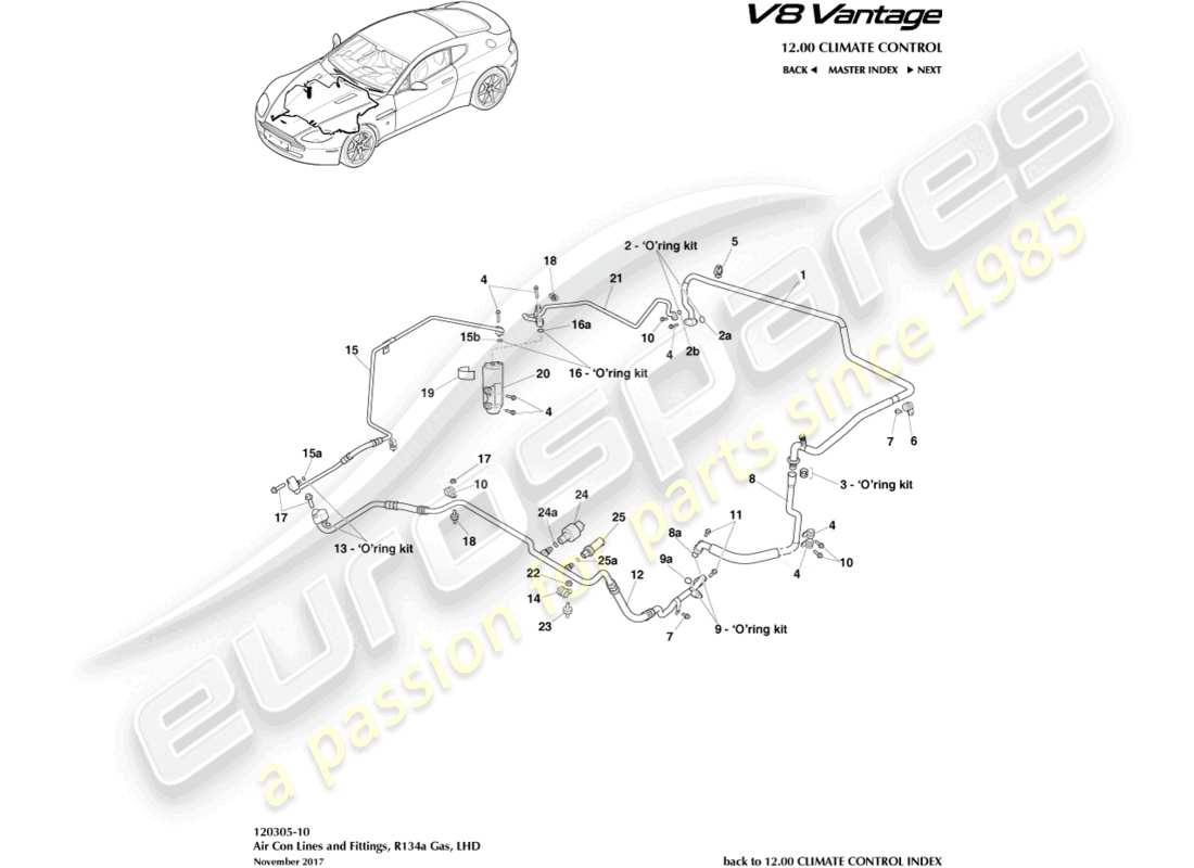 aston martin v8 vantage (2009) air con lines, r134a gas, lhd part diagram