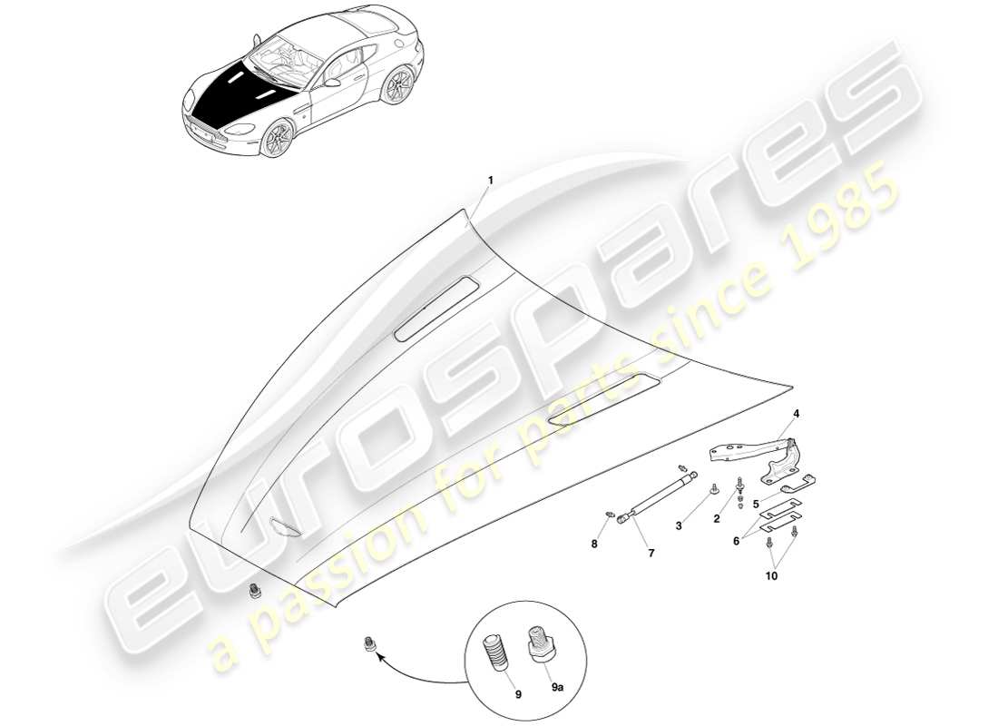 aston martin v8 vantage (2005) bonnet and mounting part diagram