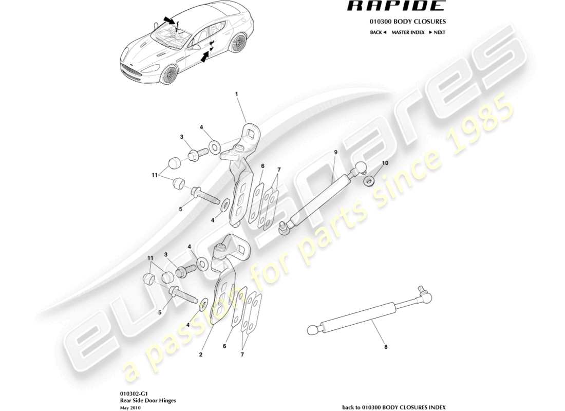 aston martin rapide (2010) rear door hinge assembly parts diagram