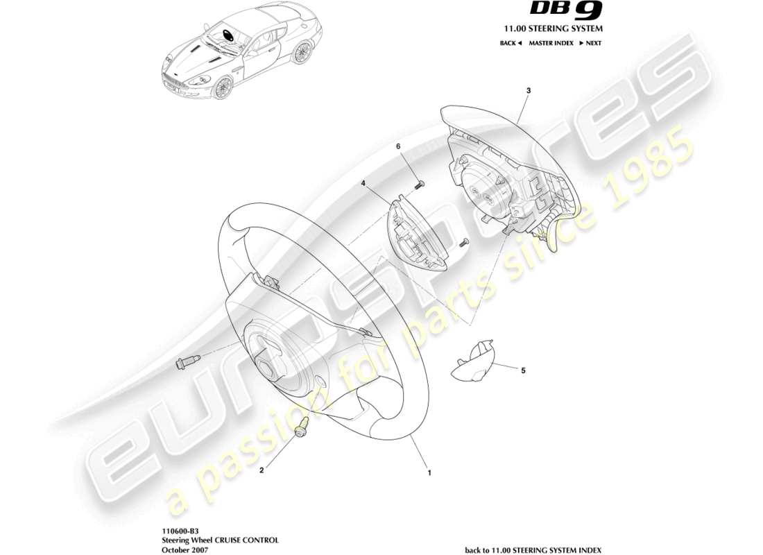 aston martin db9 (2008) steering wheel, cruise control part diagram