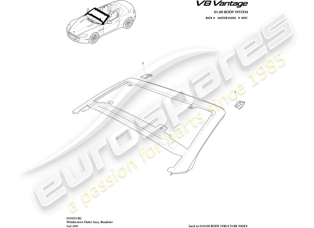 aston martin v8 vantage (2016) windscreen, outer, roadster part diagram