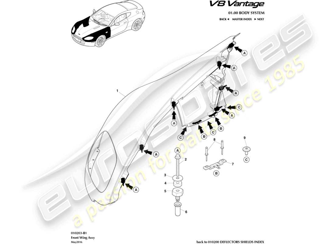 aston martin v8 vantage (2016) front wing assembly part diagram