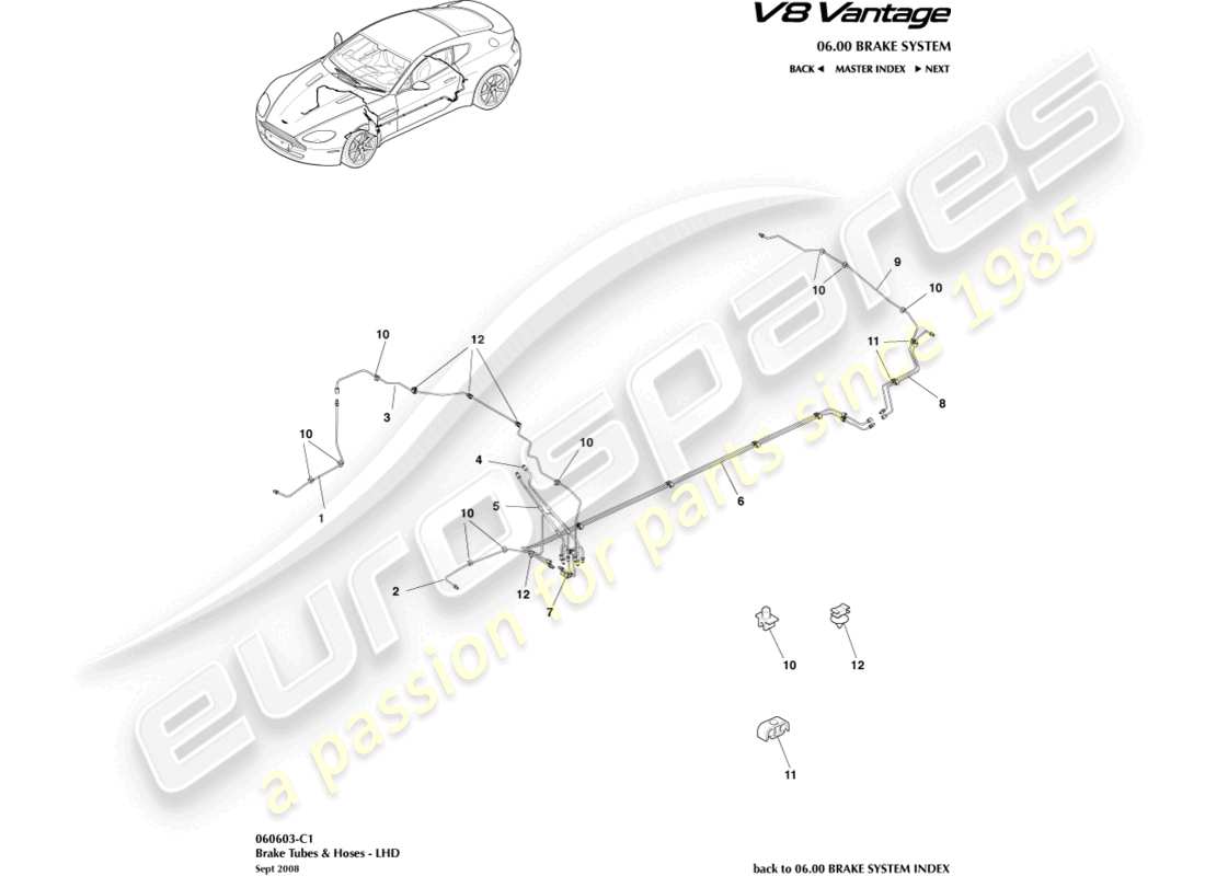 aston martin v8 vantage (2012) brake lines & hoses, lhd part diagram