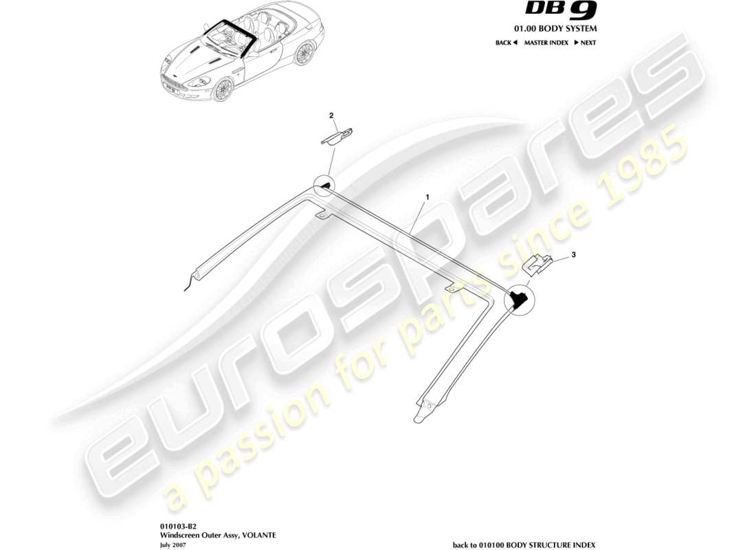 aston martin db9 (2007) windscreen, outer, volante part diagram