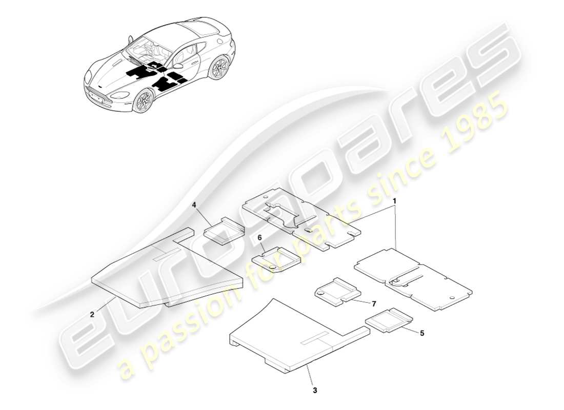 aston martin v8 vantage (2007) floor sound insulation, rhd part diagram