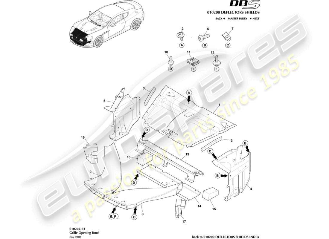 aston martin dbs (2007) grille opening panel parts diagram