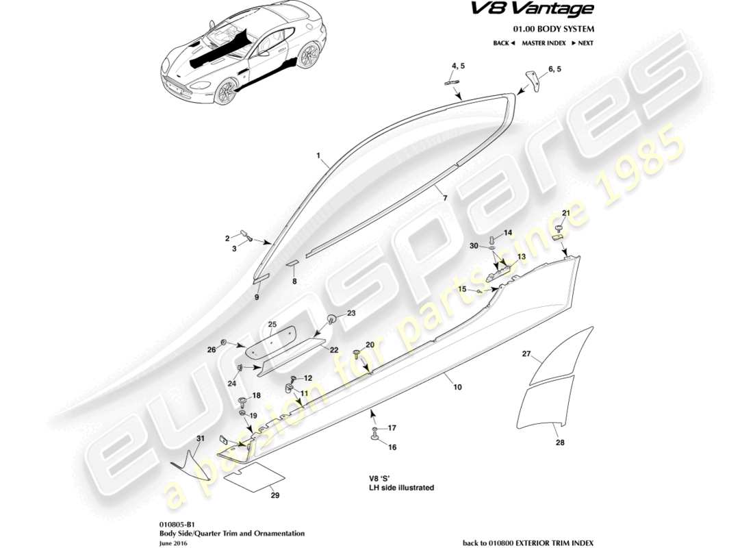 aston martin v8 vantage (2008) bodyside & quarter trim, coupe part diagram