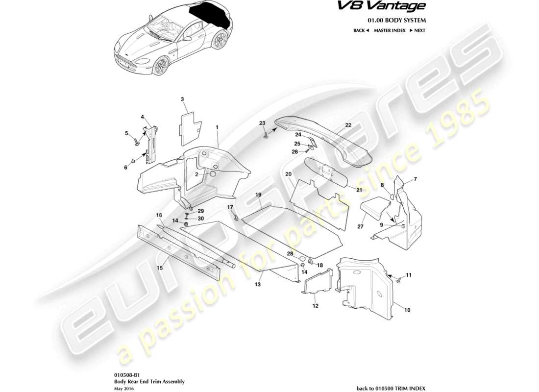 aston martin v8 vantage (2008) load compartment trim, coupe part diagram