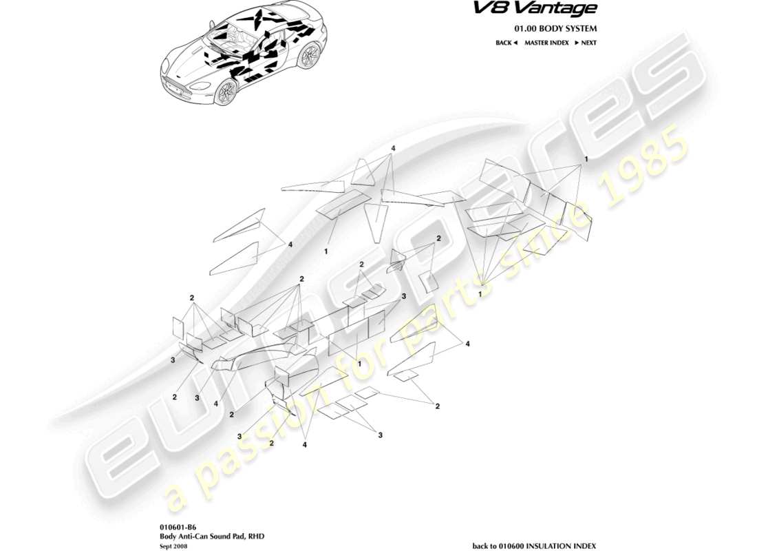 aston martin v8 vantage (2009) anti-can sound pads, rhd part diagram