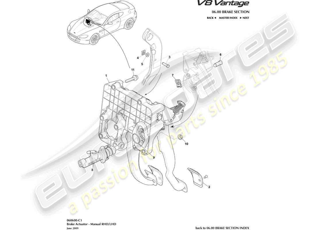 aston martin v8 vantage (2009) brake actuator assembly, manual part diagram