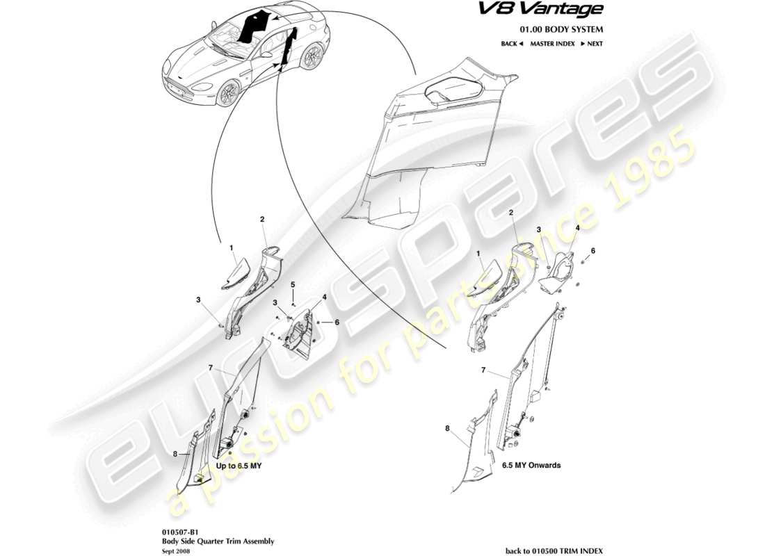 aston martin v8 vantage (2009) body side quarter trim, coupe part diagram