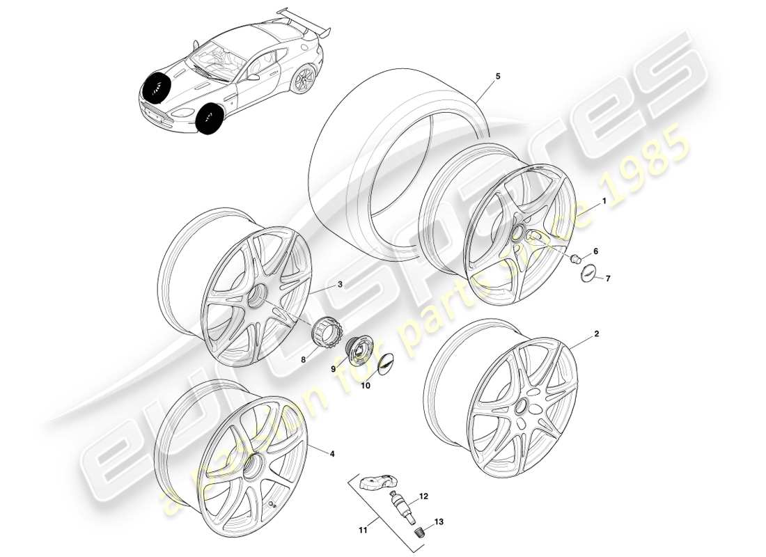 aston martin v8 vantage (2005) front wheels & tyres, gt8 part diagram