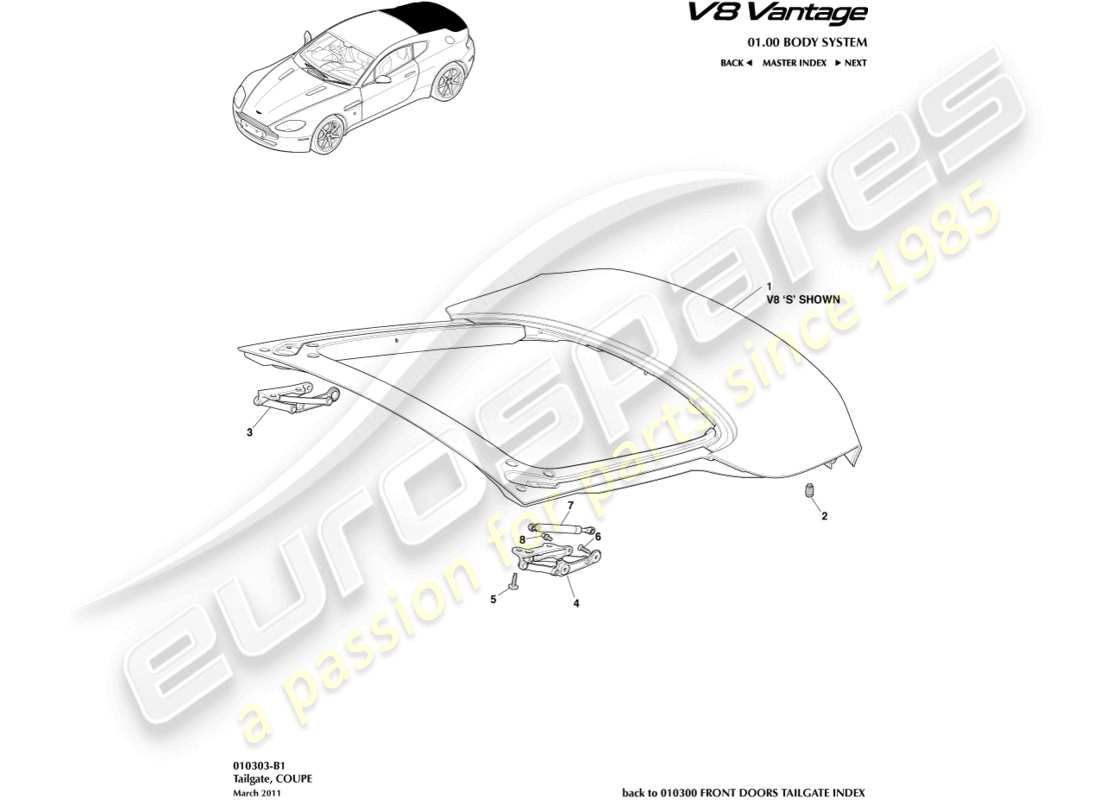 aston martin v8 vantage (2009) tailgate, coupe part diagram