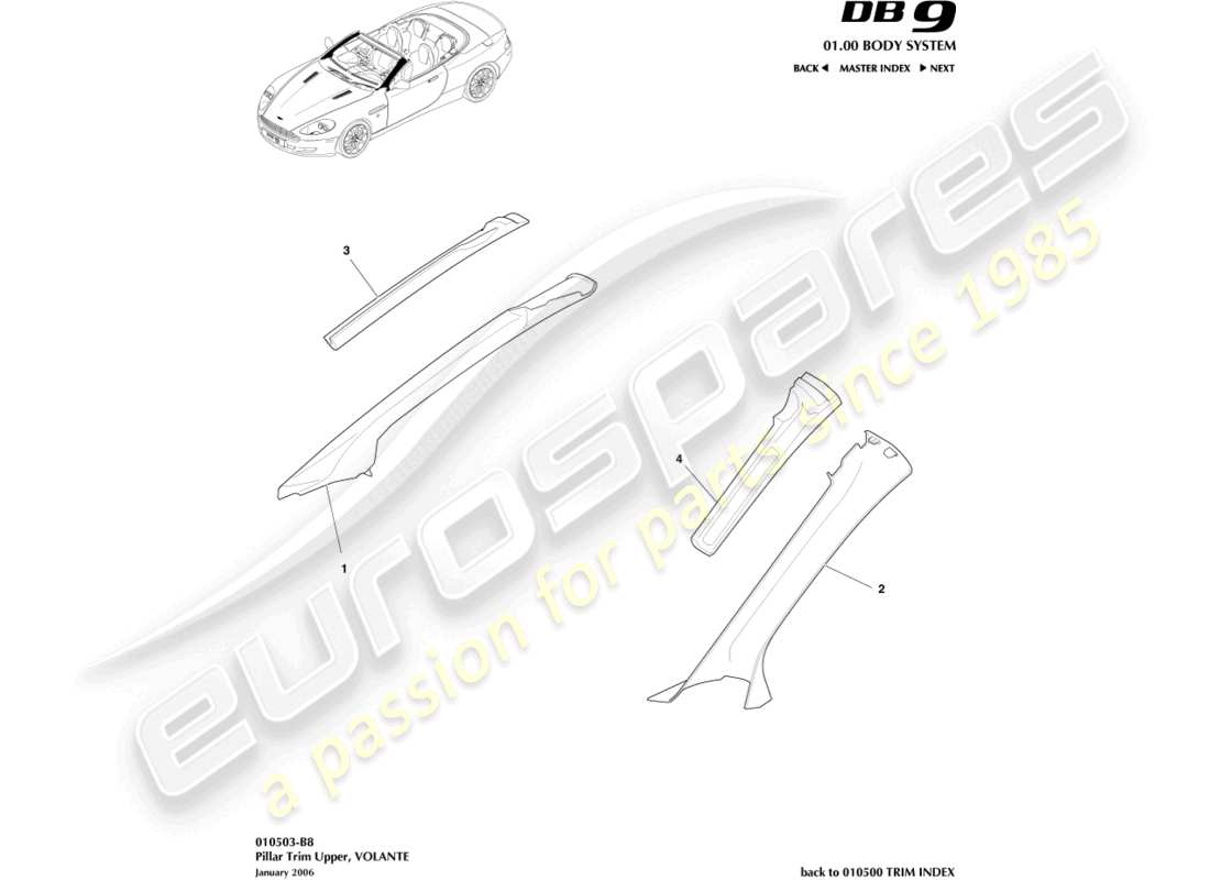 aston martin db9 (2012) pillar trim, upper, volante part diagram