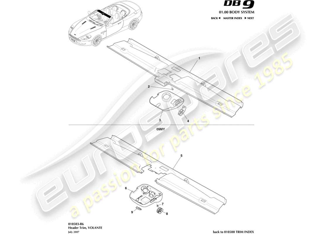 aston martin db9 (2012) header trim, volante part diagram