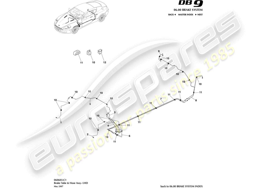 aston martin db9 (2012) brake lines & hoses, lhd part diagram