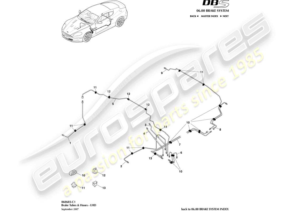 aston martin dbs (2007) brake lines & hoses, lhd parts diagram