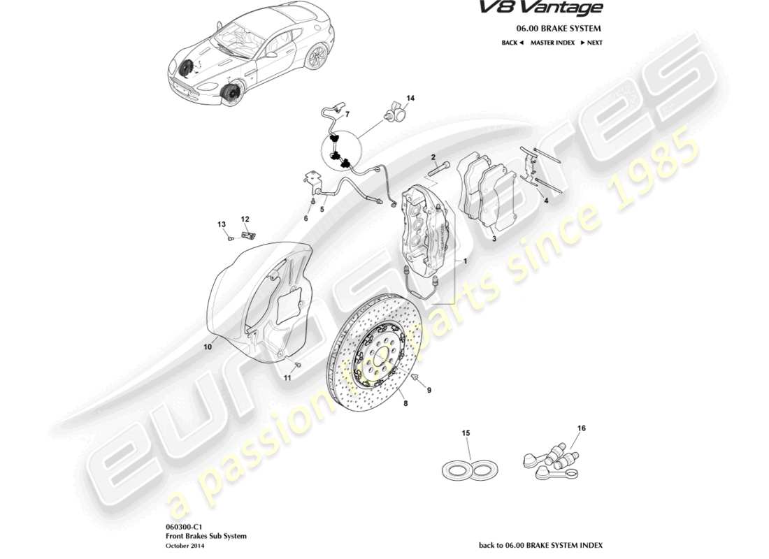 aston martin v8 vantage (2013) front brake system part diagram