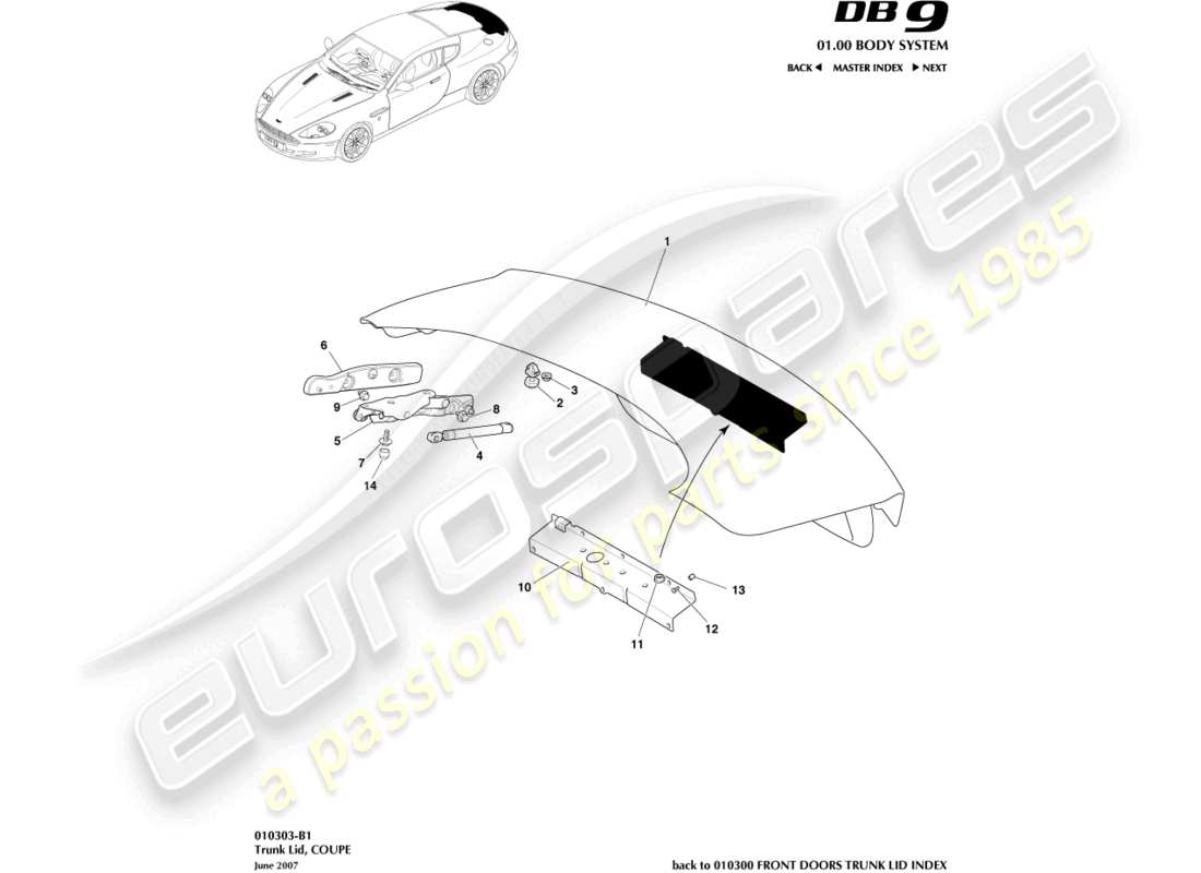 aston martin db9 (2007) trunk lid, coupe parts diagram