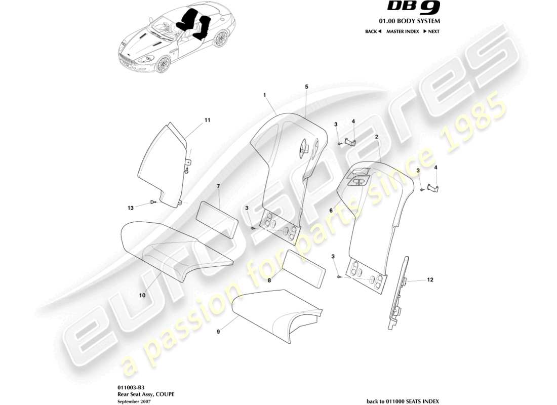 aston martin db9 (2007) rear seat, coupe part diagram