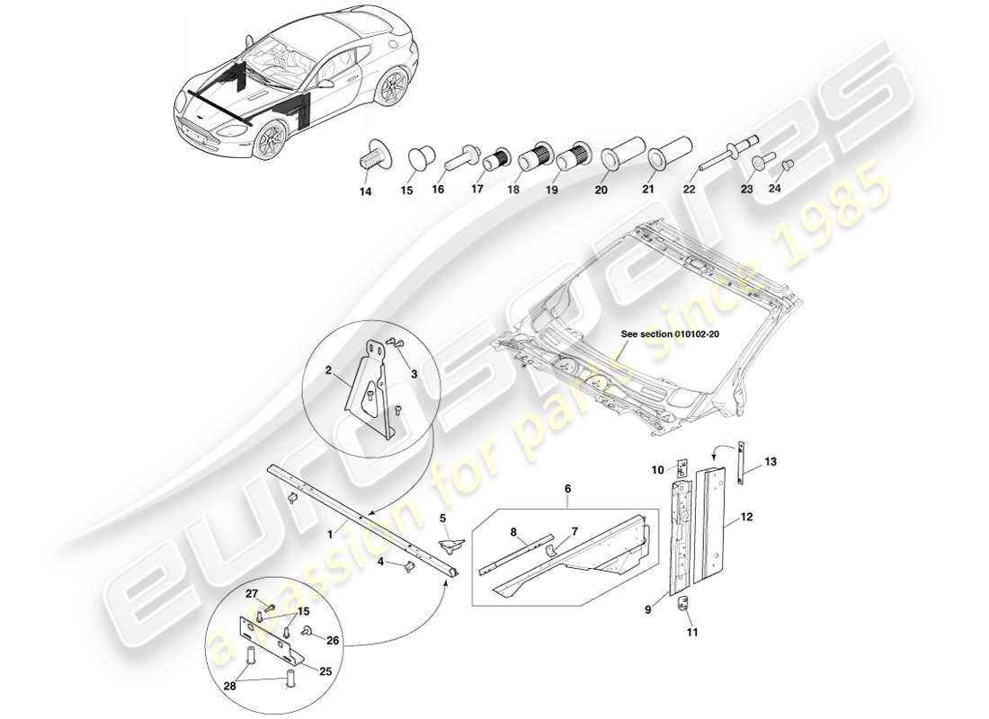 aston martin v8 vantage (2007) a pillar & fender rails part diagram