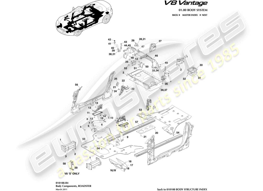 aston martin v8 vantage (2008) body components, roadster part diagram