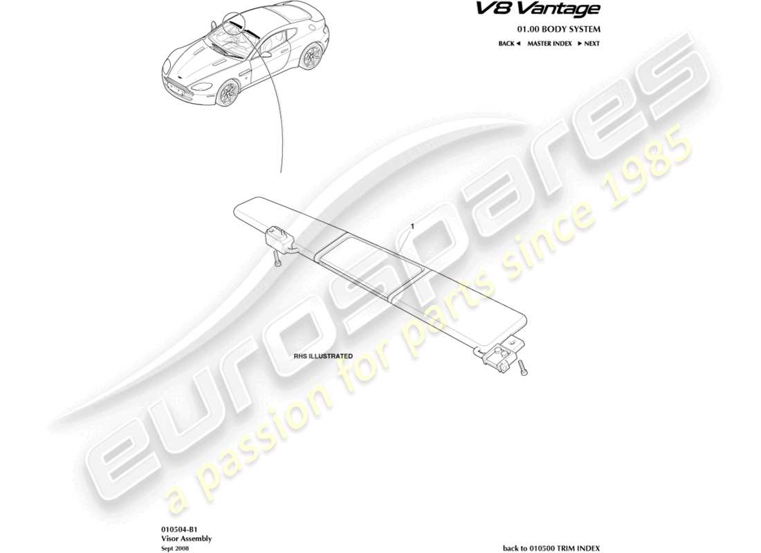 aston martin v8 vantage (2009) sunvisor part diagram