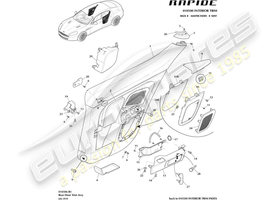 aston martin rapide (2011) rear door trim panel part diagram