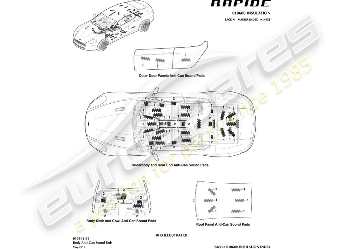 aston martin rapide (2011) anti-can sound pads part diagram