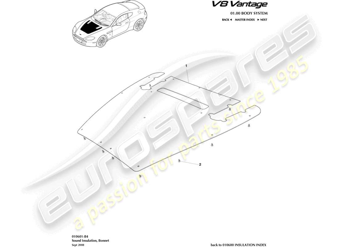 aston martin v8 vantage (2015) sound insulation, engine comp part diagram