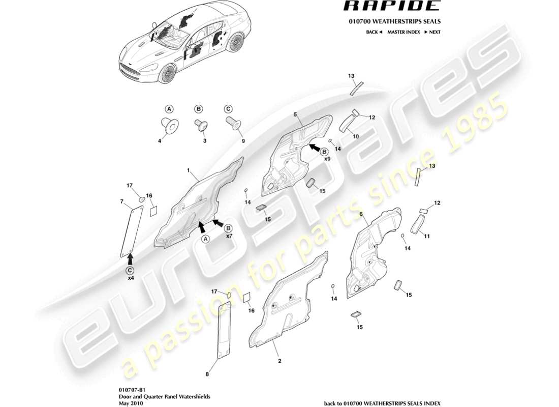 aston martin rapide (2011) door weathershields part diagram