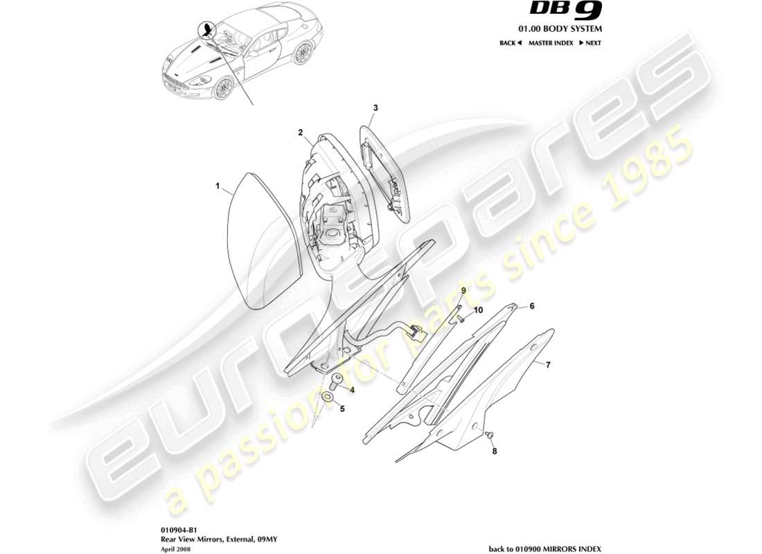 aston martin db9 (2011) exterior rear view mirrors, 09my part diagram