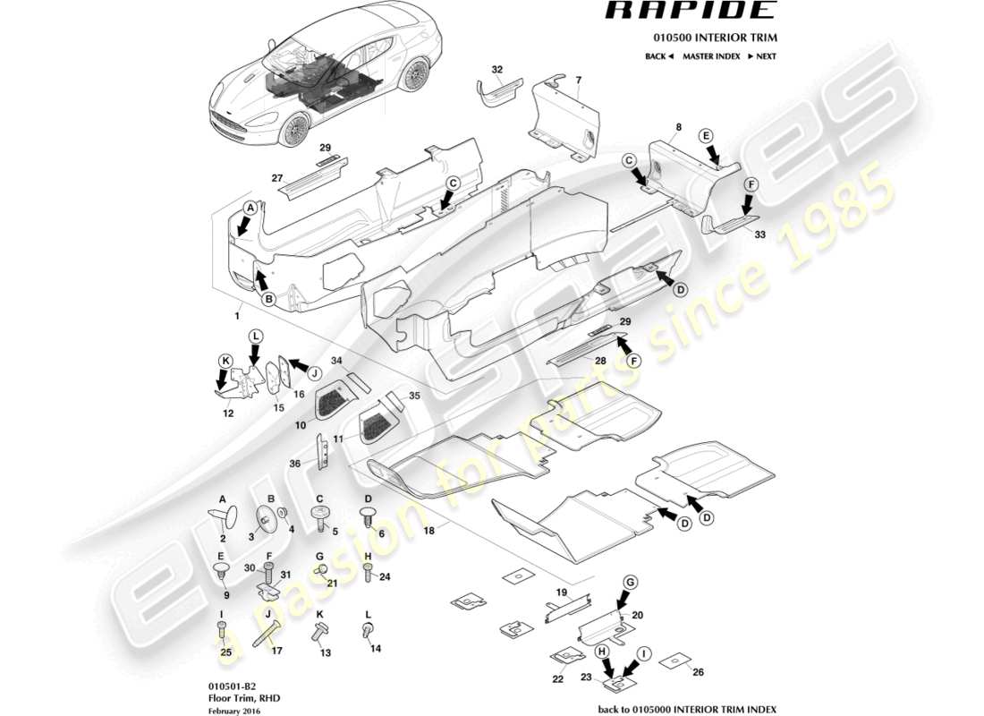 aston martin rapide (2011) main floor trim, rhd part diagram