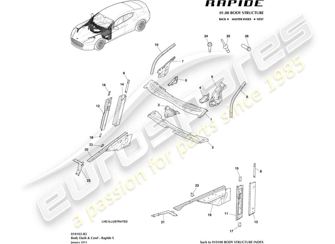 aston martin rapide (2011) body dash & cowl, s part diagram