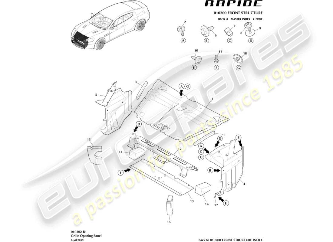 aston martin rapide (2011) grille opening panel part diagram