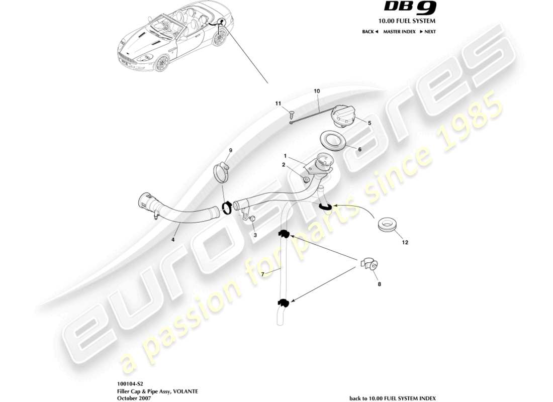 aston martin db9 (2007) fuel filler cap & pipe, volante part diagram