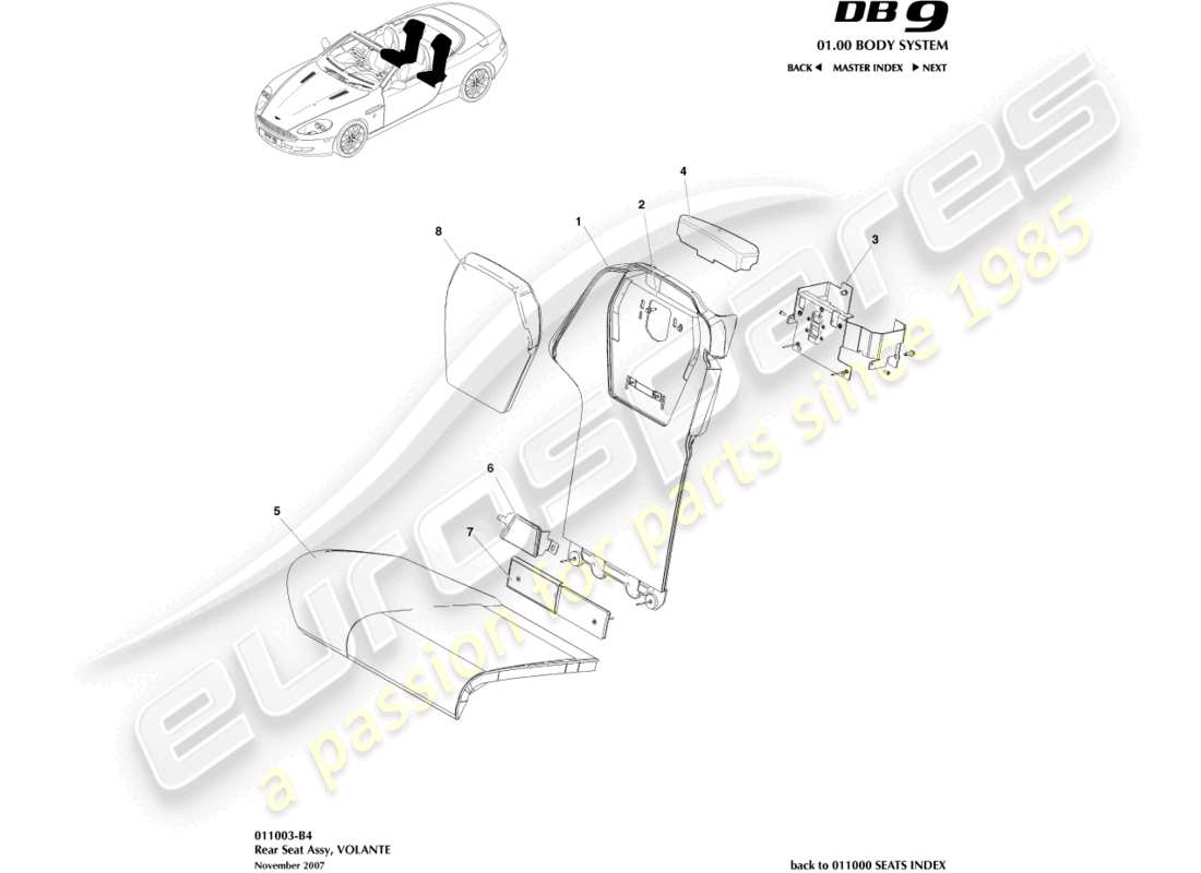 aston martin db9 (2004) rear seat, volante parts diagram