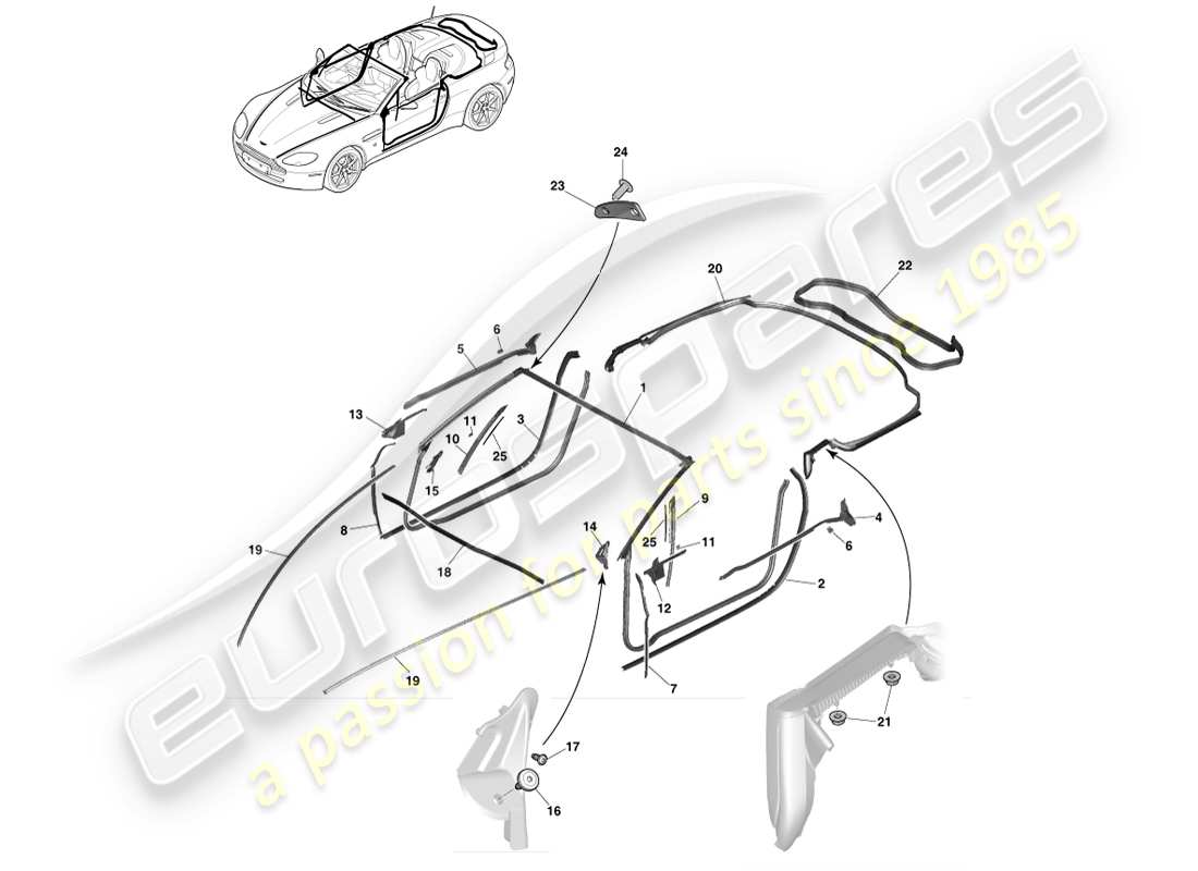 aston martin v8 vantage (2007) dynamic weatherstrips, roadster part diagram