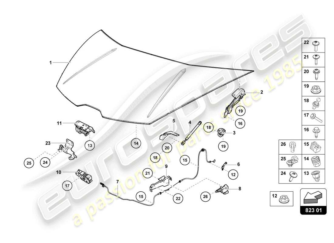 lamborghini evo coupe (2021) bonnet parts diagram