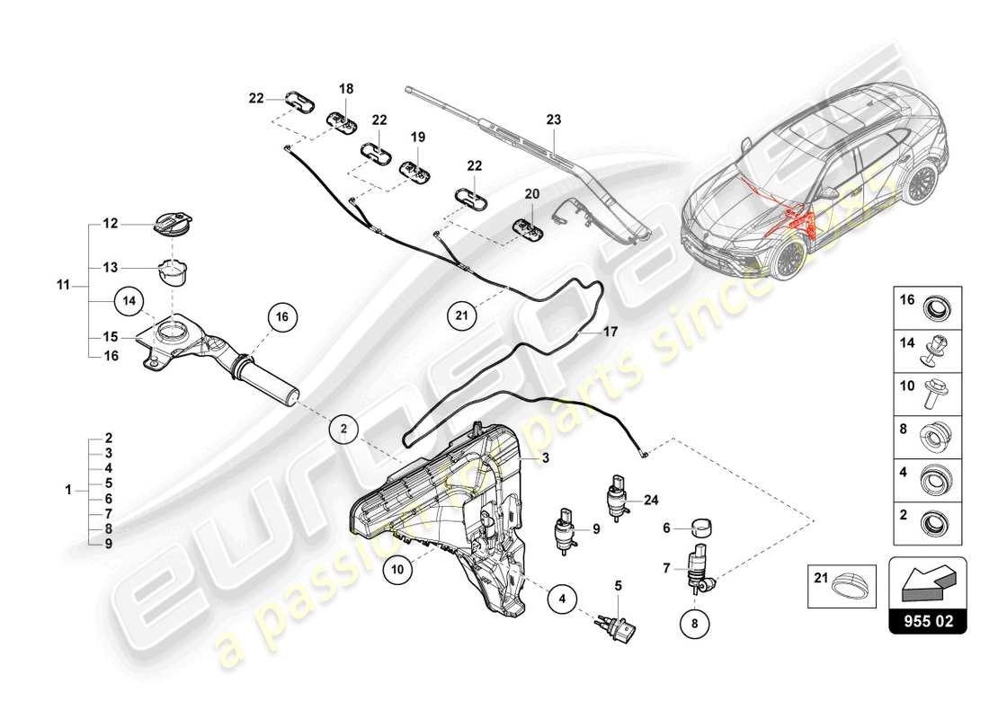 lamborghini urus (2021) windscreen washer system part diagram