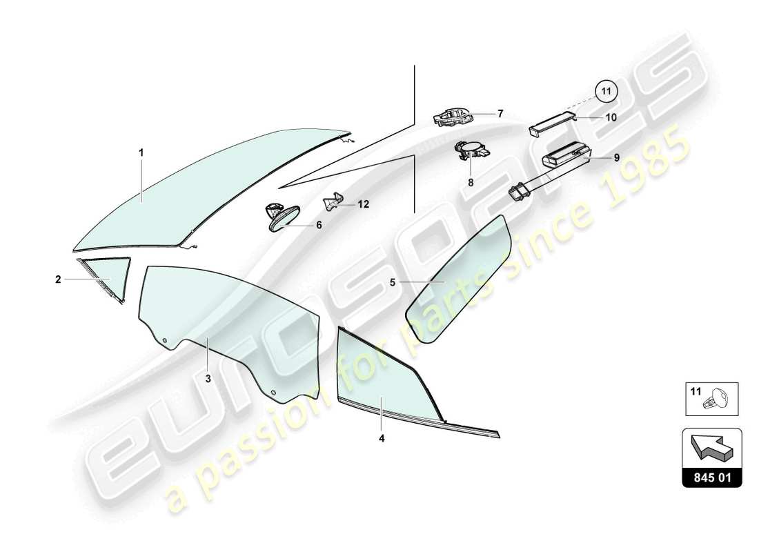 lamborghini evo coupe (2021) window glasses parts diagram