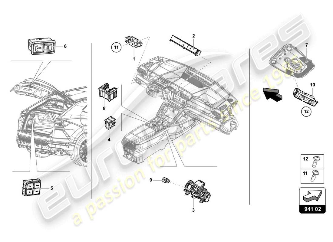 lamborghini urus (2020) control panel with pushbuttons part diagram