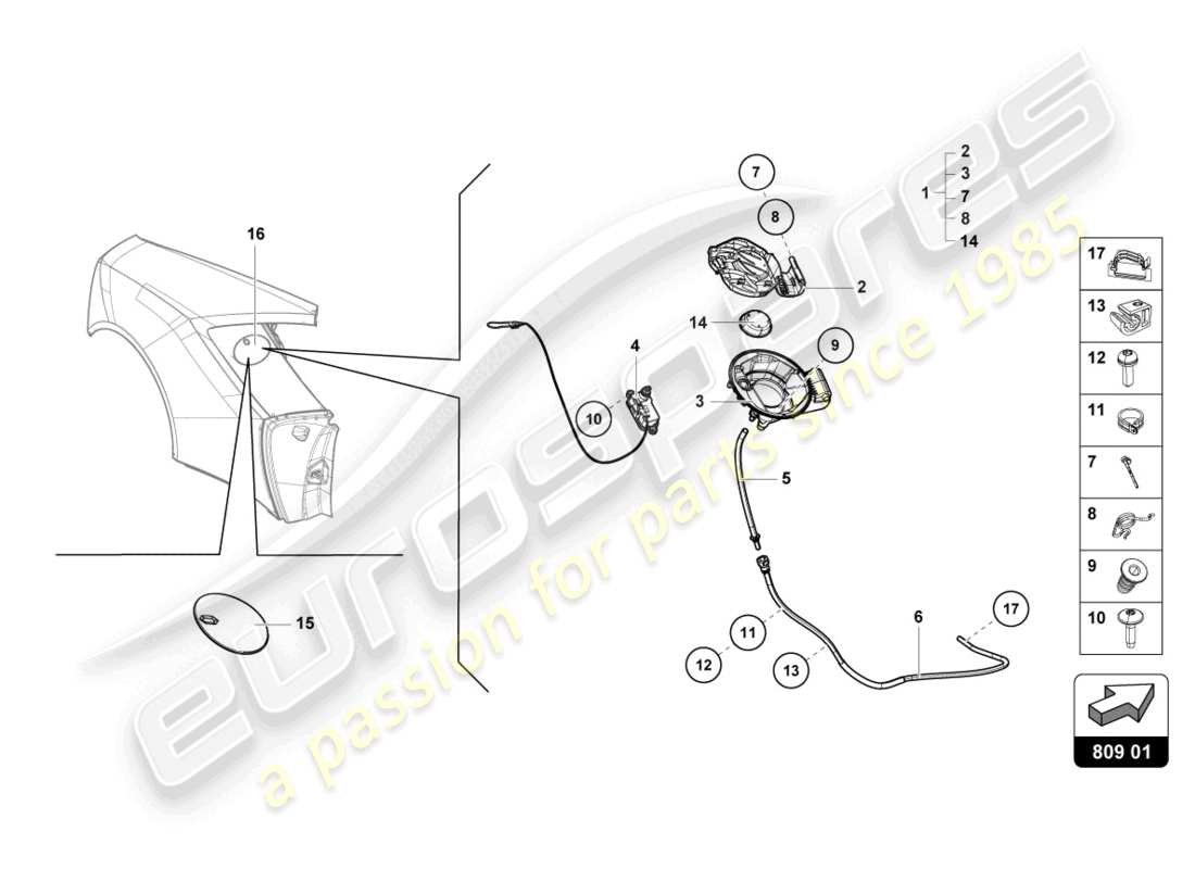 lamborghini evo coupe (2023) fuel filler flap parts diagram