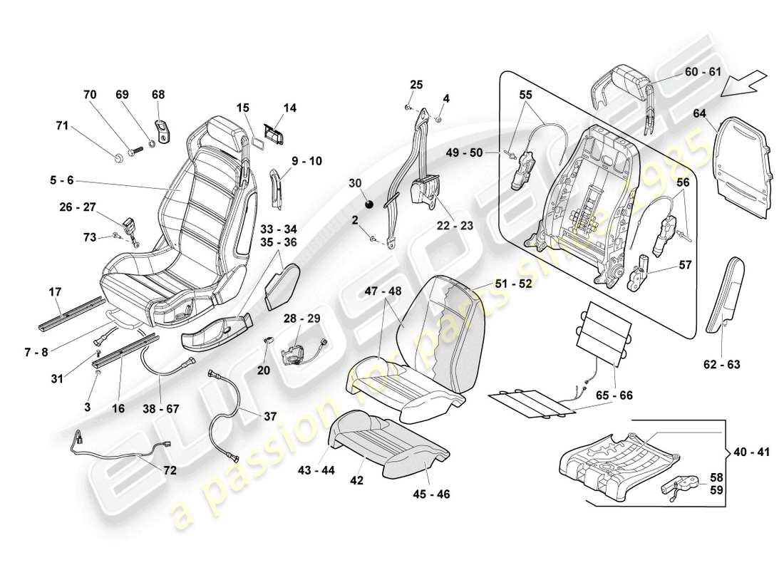 lamborghini gallardo spyder (2006) seat, complete parts diagram