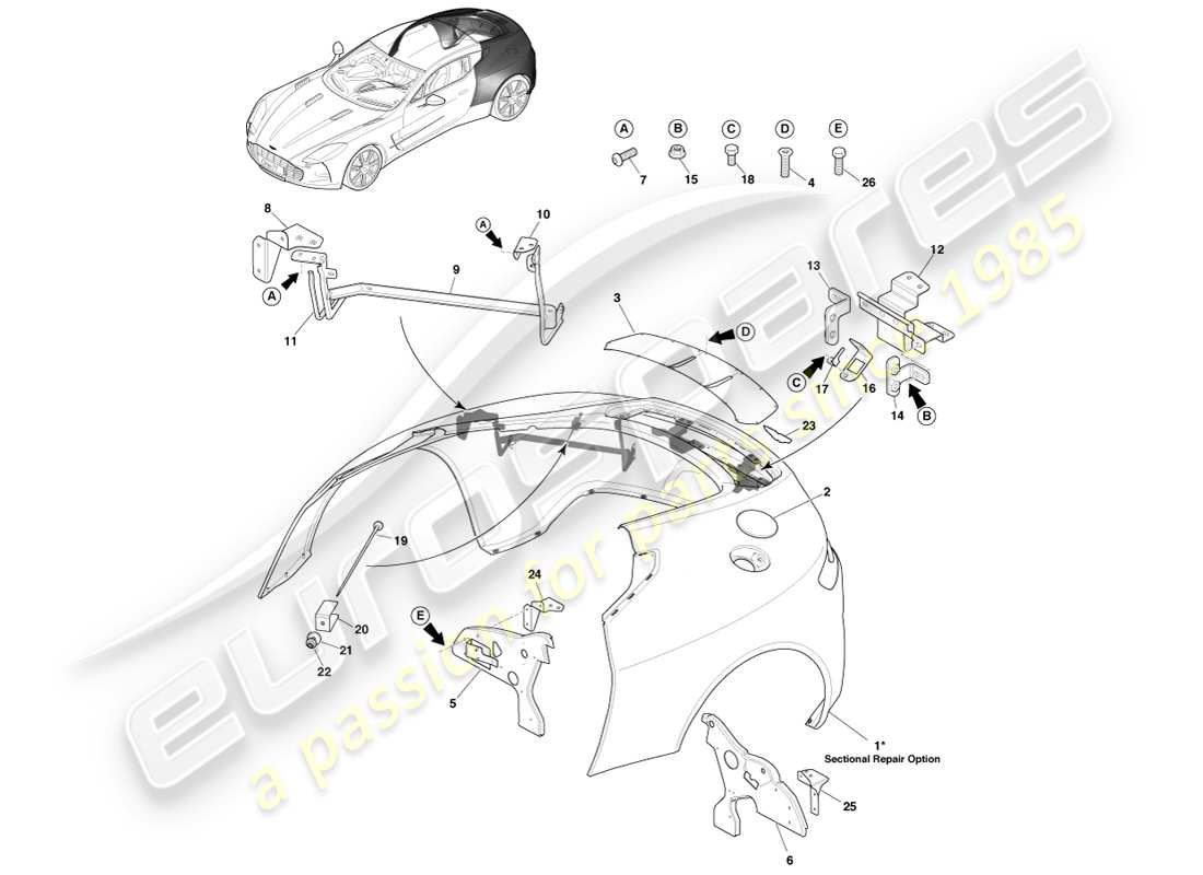 aston martin one-77 (2011) rear quarter panels part diagram