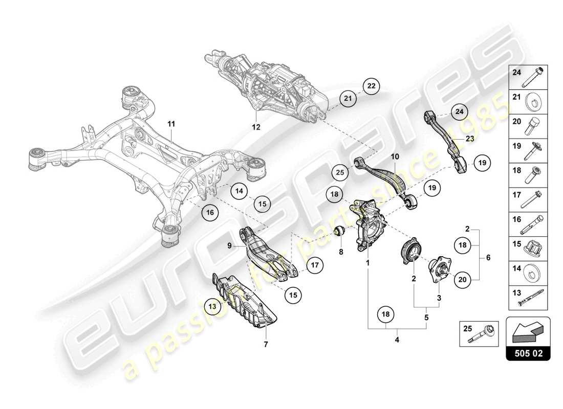 lamborghini urus (2021) wheel hub with bearing and control arm part diagram