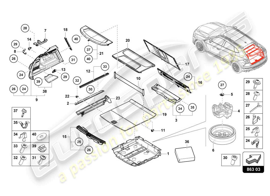 lamborghini urus (2021) luggage compartment lining parts diagram