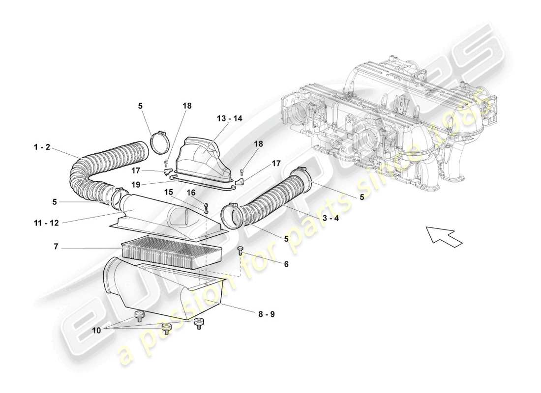 lamborghini lp640 coupe (2008) air filter with connecting parts part diagram